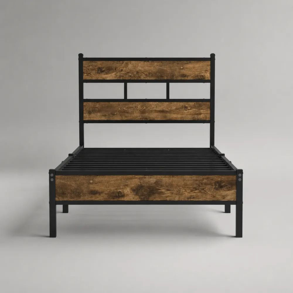 Metallbett mit Holz-Kopfteil und Lattenrost, Schwarz/Braun, Liegefläche 90 × 200 cm, Gesamtmaße 208 × 96 × 110 cm