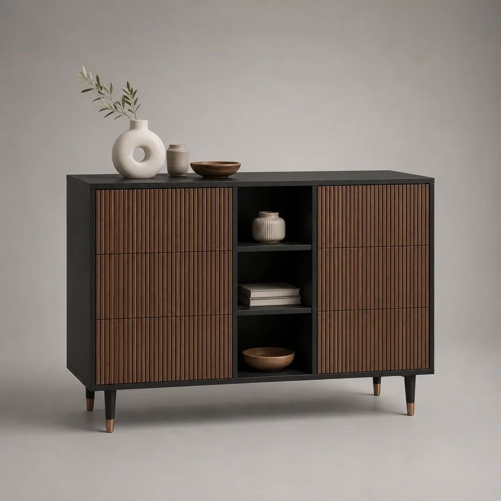 Sideboard aus MDF und Spanplatte mit 2 Türen und 3 offenen Fächern, Schwarz/Walnussbraun, 140 × 40 × 90 cm
