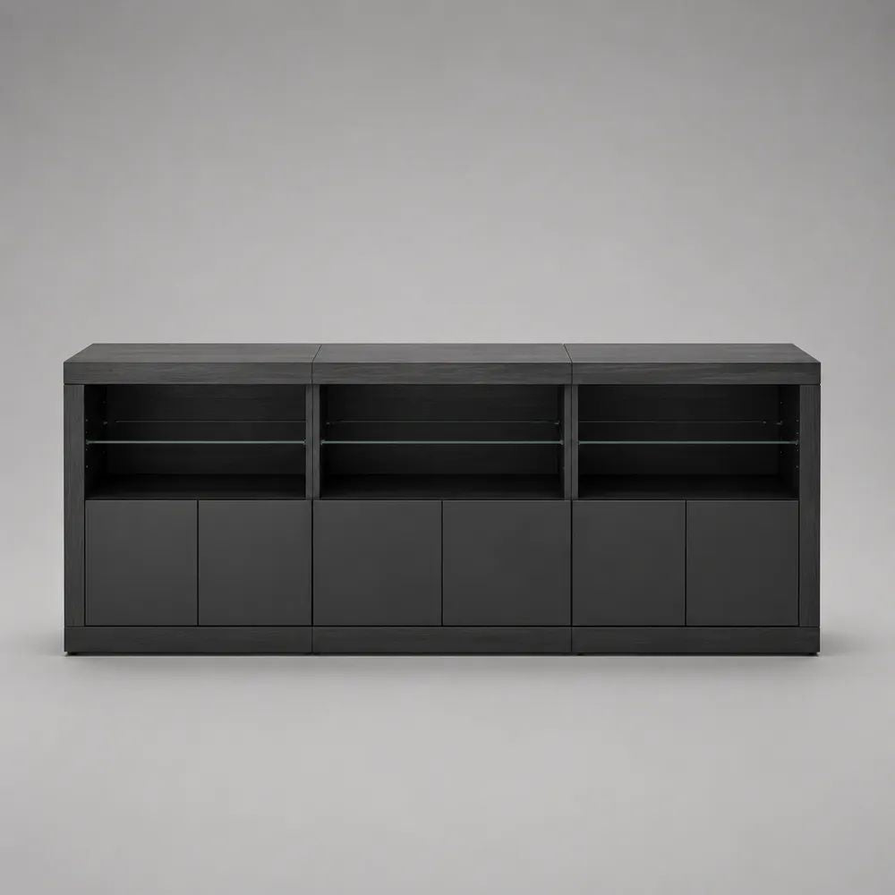 Sideboard mit 6 Türen und 3 Glasböden aus Spanplatte und Glas, Schwarz/Transparent, 180 × 40 × 75 cm