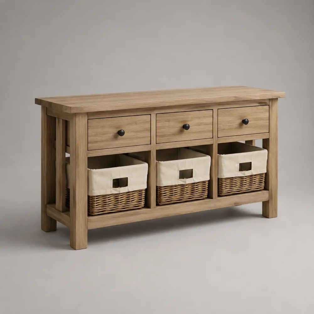 Sideboard aus Kiefer-Massivholz mit 3 Schubladen und 3 Weidenkörben, Natur/Beige/Schwarz, 120 × 40 × 80 cm