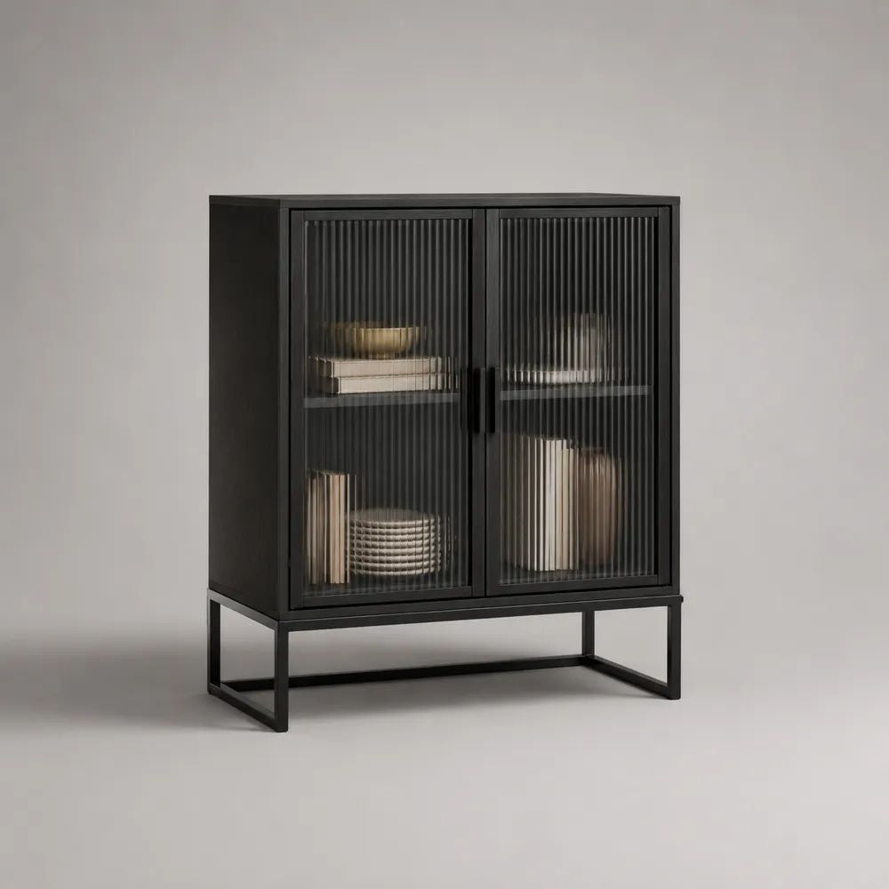 Buffetschrank aus pulverbeschichtetem Stahl mit 2 Türen aus geriffeltem Hartglas, Schwarz, 100 × 40 × 120 cm