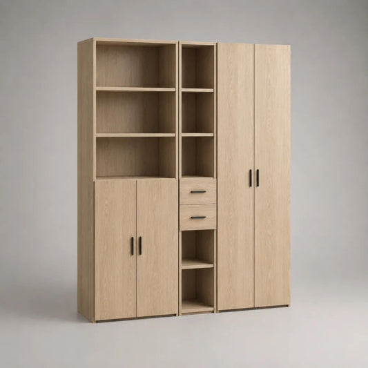 3-teiliger Buffetschrank aus melaminbeschichteter Spanplatte, Eiche Natur/Schwarz, 180 × 40 × 200 cm