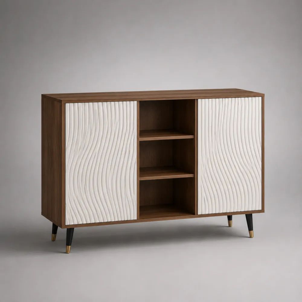 Rechteckiges Sideboard aus MDF mit 2 Türen und 3 offenen Fächern, Braun/Weiß, 120 × 40 × 90 cm