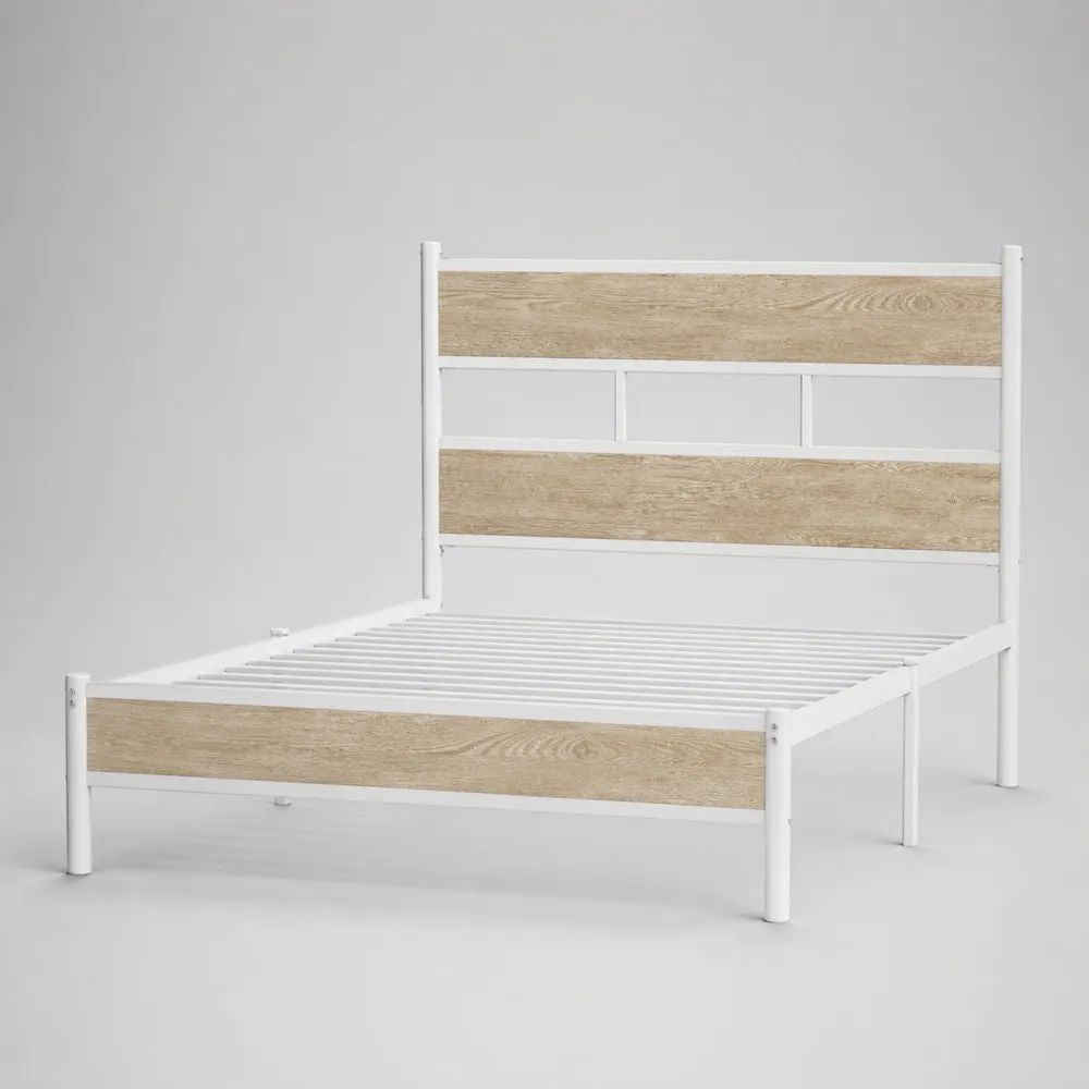 Doppelbett Metallbett mit Stahl-Lattenrost und Spanplatten, Weiß/Eiche Natur, 140 × 200 cm