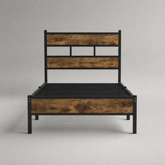Metallbett mit Holz-Kopfteil und Lattenrost, Schwarz/Braun, Liegefläche 90 × 200 cm, Gesamtmaße 208 × 96 × 110 cm