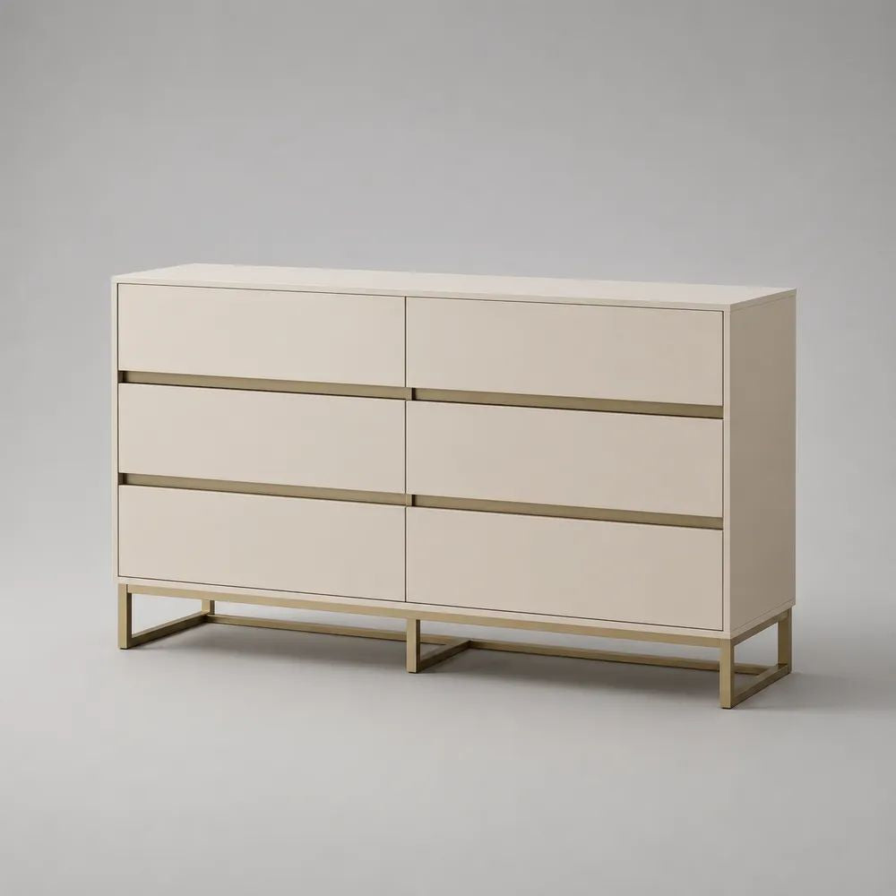 Rechteckiges Sideboard aus MDF und Stahl mit 6 Schubladen, Cremeweiß/Gold, 140 × 40 × 85 cm