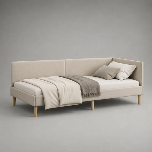 Polsterbett und Tagesbett 90 × 200 cm aus Holz mit Polyesterbezug, Rückenlehne und rechter Seitenlehne, Beige/Naturholz