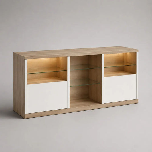 Sideboard mit LED-Beleuchtung aus Holz und Glas, Eichefarben/Weiß, 160 × 40 × 80 cm