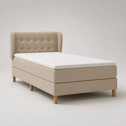 Boxspringbett-Komplettset mit Federkernmatratze und Topper, Polyester-Velours, Beige, Liegefläche 140 x 200 cm