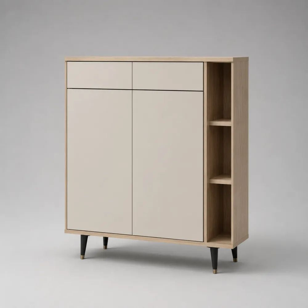 Highboard aus melaminbeschichteter Spanplatte mit 2 Türen, 2 Schubladen und 3 offenen Fächern, Beige/Eiche hell, 100 × 35 × 120 cm