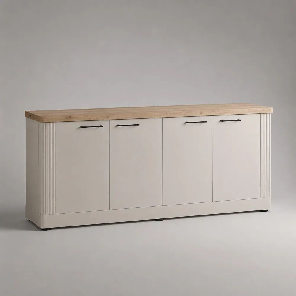 Sideboard mit 4 Türen aus MDF und massivem Kiefernholz, Weiß/Natur mit schwarzen Griffen, 180 × 45 × 85 cm