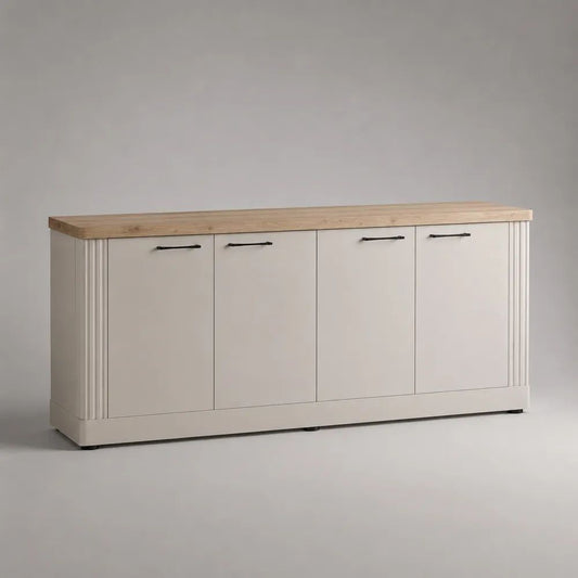 Sideboard mit 4 Türen aus MDF und massivem Kiefernholz, Weiß/Natur mit schwarzen Griffen, 180 × 45 × 85 cm
