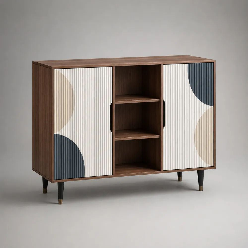 Sideboard aus MDF und Stahl mit 2 Türen und 3 offenen Fächern, Braun/Cremeweiß/Anthrazit/Beige, 120 × 40 × 90 cm