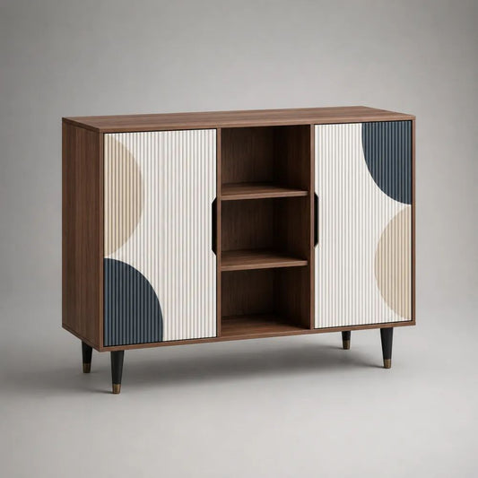 Sideboard aus MDF und Stahl mit 2 Türen und 3 offenen Fächern, Braun/Cremeweiß/Anthrazit/Beige, 120 × 40 × 90 cm