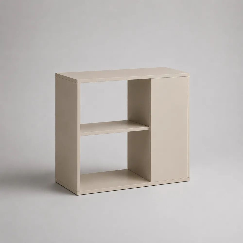 Rechteckiges Sideboard mit Tür und 2 offenen Fächern aus melaminbeschichteter Spanplatte, Beige, 80 × 35 × 80 cm