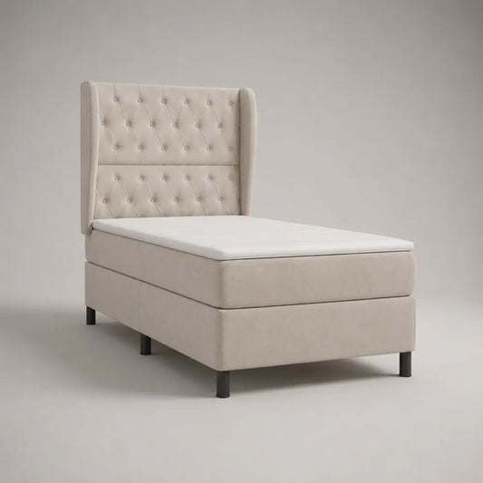 Boxspringbett 90 x 200 cm mit Matratze, Topper und gepolstertem Kopfteil, Polyester-Samtbezug, Beige/Schwarz