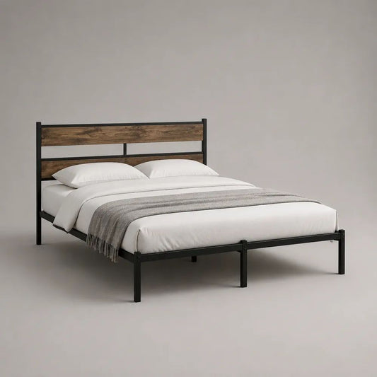 Metallbett Doppelbett aus pulverbeschichtetem Stahl mit MDF-Kopfteil, Schwarz/Braun, Liegefläche 160 × 200 cm
