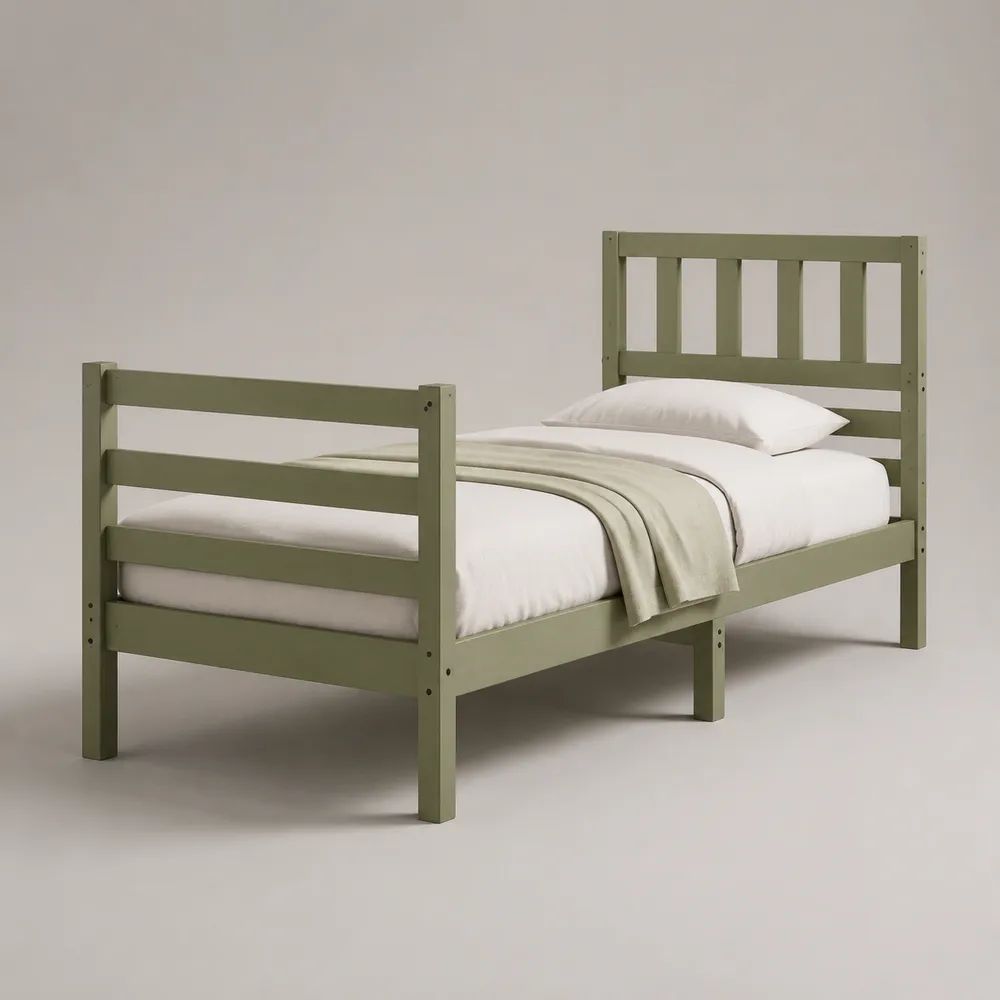 Einzelbett-Bettgestell aus massivem Kiefernholz, Olivgrün, Liegefläche 90 × 200 cm