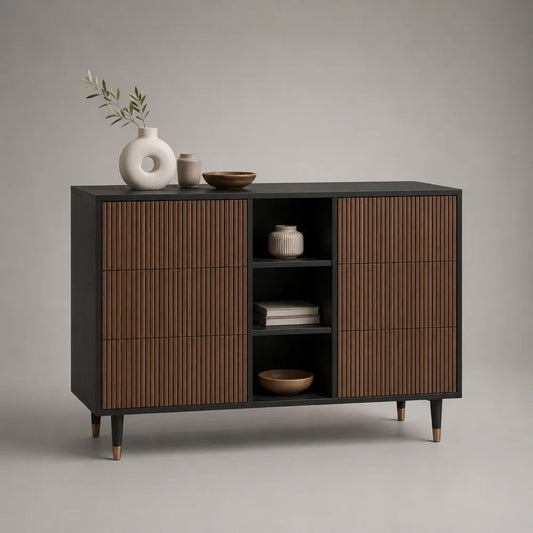 Sideboard aus MDF und Spanplatte mit 2 Türen und 3 offenen Fächern, Schwarz/Walnussbraun, 140 × 40 × 90 cm