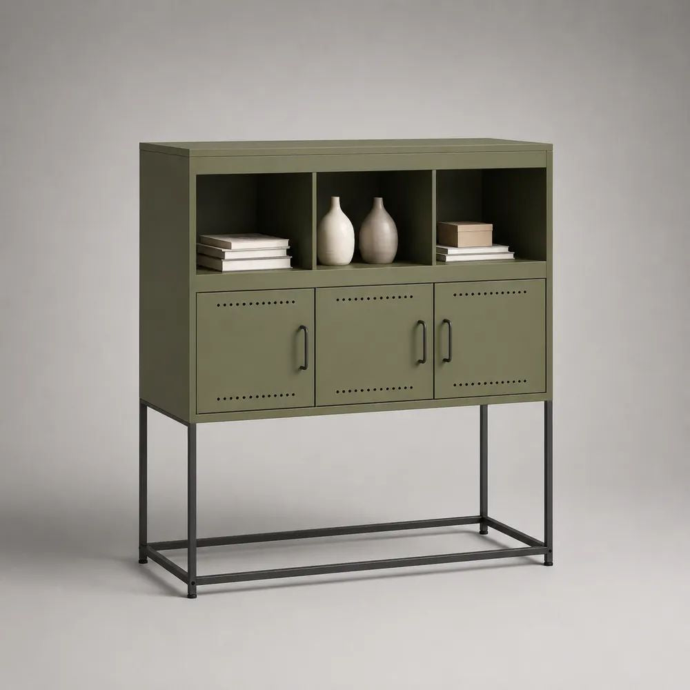 Sideboard aus pulverbeschichtetem Stahl mit 3 Türen und 3 offenen Fächern, Olivgrün/Schwarz, 100 × 35 × 110 cm
