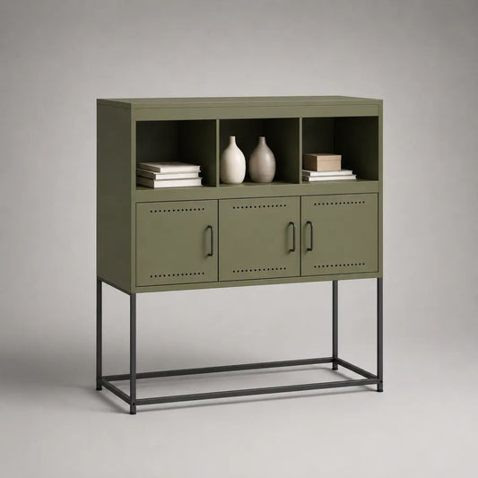 Sideboard aus pulverbeschichtetem Stahl mit 3 Türen und 3 offenen Fächern, Olivgrün/Schwarz, 100 × 35 × 110 cm