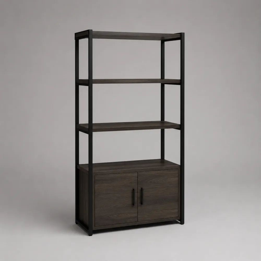Buffetschrank mit Aufsatzregal, 3 Ablagen und 2 Türen, Stahl und Holzwerkstoff, Dunkelbraun/Schwarz, 80 × 35 × 160 cm