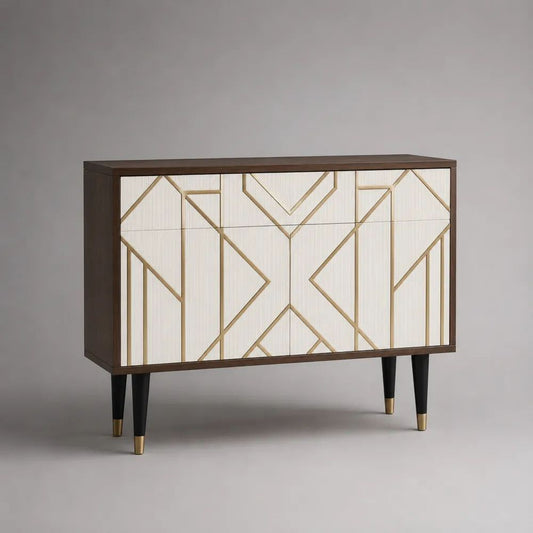 Sideboard Buffetschrank aus MDF mit Walnussfurnier und Aluminiumdekor, Walnussbraun/Creme/Schwarz/Messingfarben, 120 × 40 × 80 cm