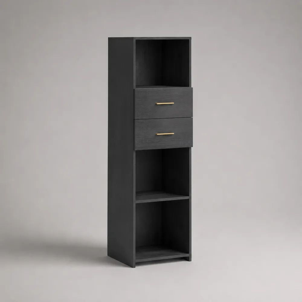 Buffetschrank aus Holz mit 2 Schubladen und 3 offenen Fächern, Schwarz, 40 × 35 × 140 cm