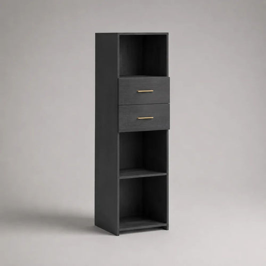 Buffetschrank aus Holz mit 2 Schubladen und 3 offenen Fächern, Schwarz, 40 × 35 × 140 cm
