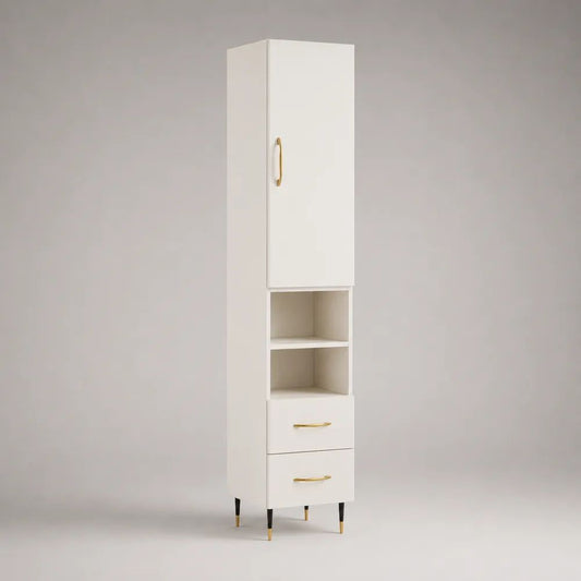 Hochschrank aus Spanplatte und MDF mit 1 Tür, 2 Schubladen und 2 offenen Fächern, Weiß, 40 × 35 × 180 cm