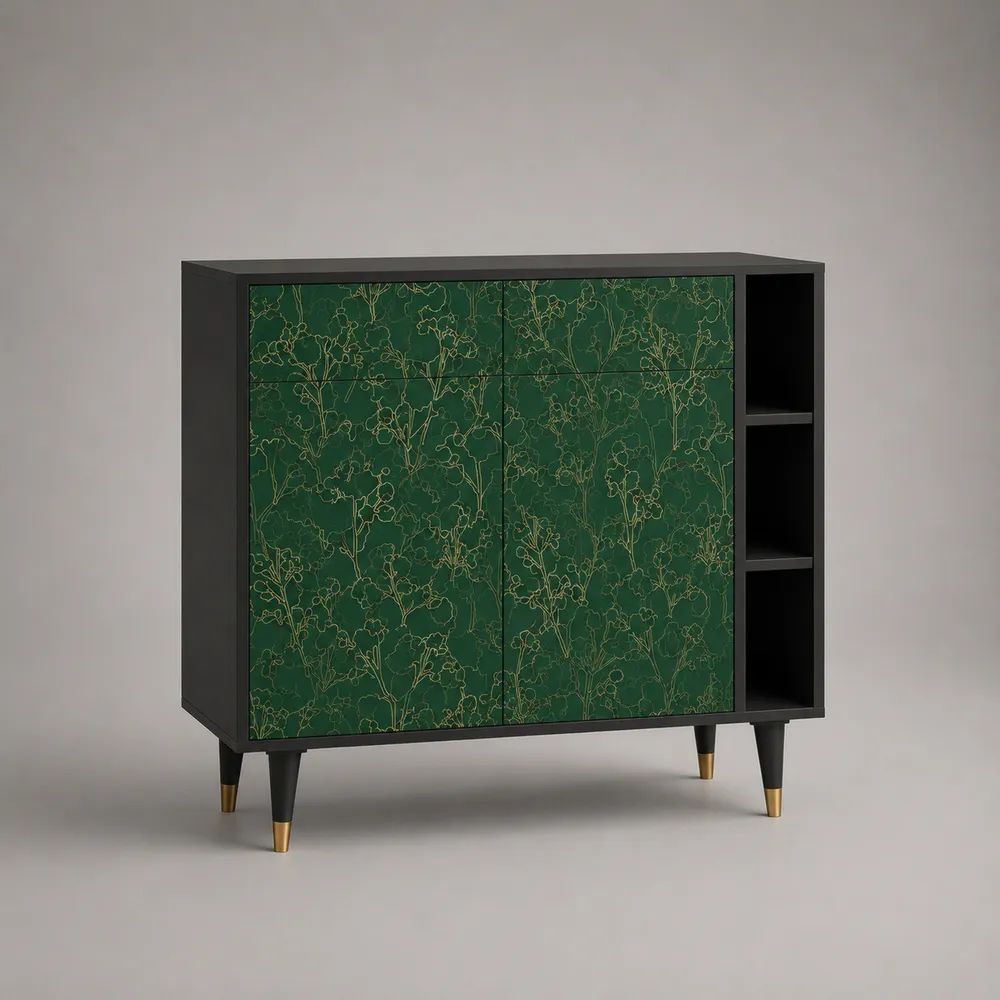 Sideboard Buffetschrank aus Spanplatte und MDF mit 4 Türen und 3 offenen Fächern, Schwarz/Dunkelgrün/Goldfarben, 120 × 40 × 100 cm