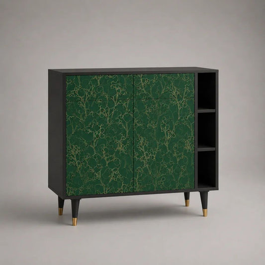 Sideboard Buffetschrank aus Spanplatte und MDF mit 4 Türen und 3 offenen Fächern, Schwarz/Dunkelgrün/Goldfarben, 120 × 40 × 100 cm