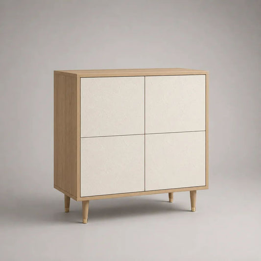 Rechteckiges Highboard mit 4 Türen aus MDF und Spanplatte, Natur/Cremeweiß, 100 × 40 × 120 cm