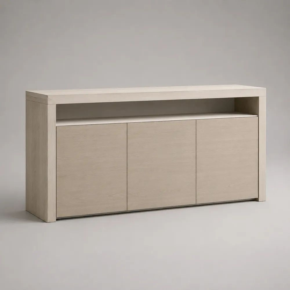 Sideboard mit 3 Türen und offenem Fach aus MDF und Spanplatte, Hellbeige/Helle Eiche, 180 × 42 × 86 cm