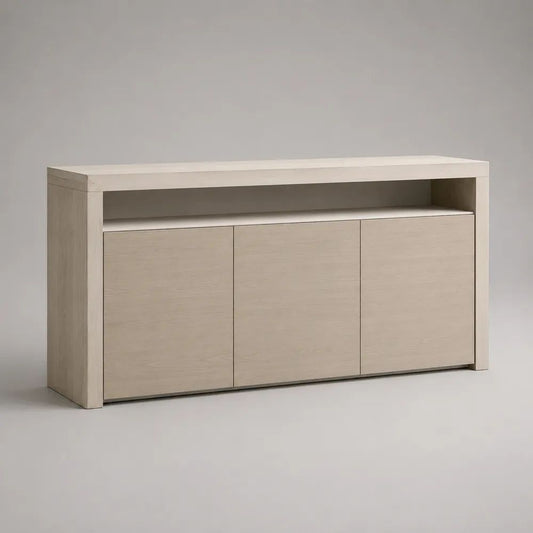 Sideboard mit 3 Türen und offenem Fach aus MDF und Spanplatte, Hellbeige/Helle Eiche, 180 × 42 × 86 cm
