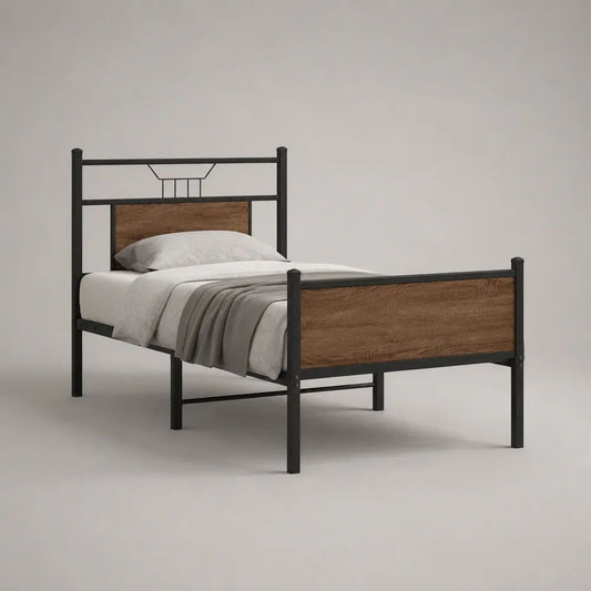 Einzelbett Metallbett mit Stahlrahmen und MDF-Einsätzen, Schwarz/Braun, Liegefläche 90 x 200 cm
