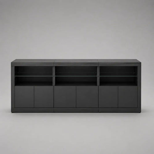 Sideboard mit 6 Türen und 3 Glasböden aus Spanplatte und Glas, Schwarz/Transparent, 180 × 40 × 75 cm