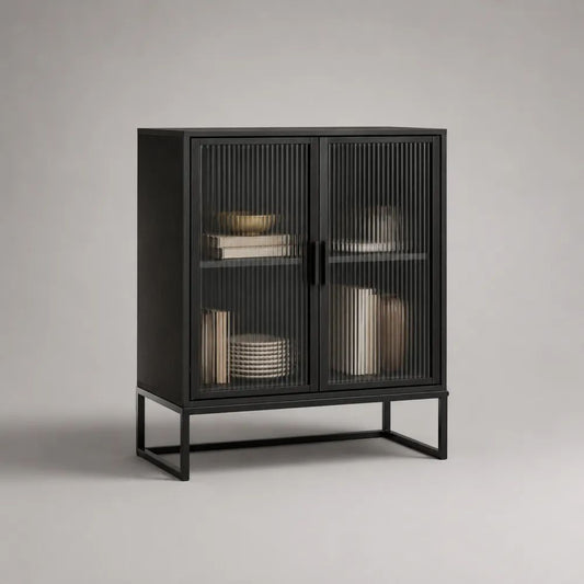 Buffetschrank aus pulverbeschichtetem Stahl mit 2 Türen aus geriffeltem Hartglas, Schwarz, 100 × 40 × 120 cm