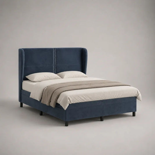 Polsterbett Doppelbett 160 x 200 cm mit hohem Flügelkopfteil und Polyestersamtbezug, Dunkelblau